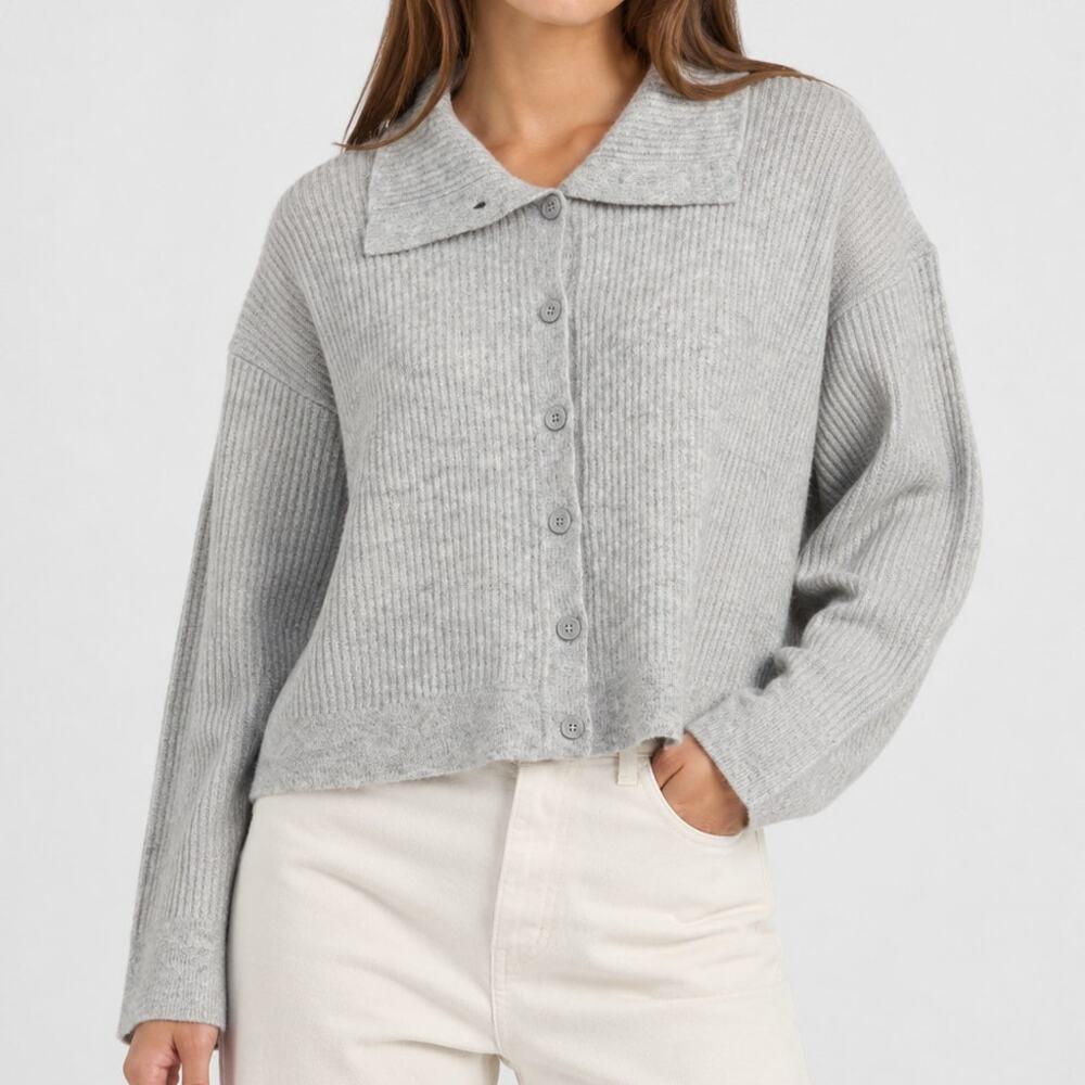 Pure Amici 100% Cashmere Button Cardigan Rib Knit Collared Sweater Cozy Preppy